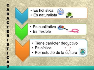 . 
• Es holística 
• Es naturalista 
. 
• Es cualitativa 
• Es flexible 
. 
• Tiene carácter deductivo 
• Es cíclica 
• Por estudio de la cultura 
C 
A 
R 
A 
C 
T 
E 
R 
I 
S 
T 
I 
C 
A 
S 
 
