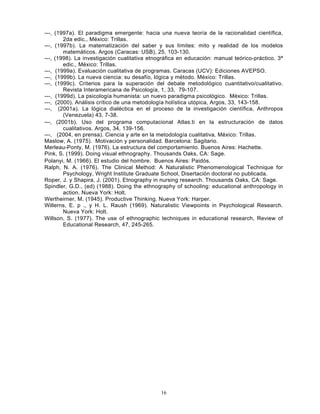 16
---, (1997a). El paradigma emergente: hacia una nueva teoría de la racionalidad científica,
2da edic., México: Trillas.
---, (1997b). La matematización del saber y sus límites: mito y realidad de los modelos
matemáticos. Argos (Caracas: USB), 25, 103-130.
---, (1998). La investigación cualitativa etnográfica en educación: manual teórico-práctico. 3ª
edic., México: Trillas.
---, (1999a). Evaluación cualitativa de programas. Caracas (UCV): Ediciones AVEPSO.
---, (1999b). La nueva ciencia: su desafío, lógica y método. México: Trillas.
---, (1999c). Criterios para la superación del debate metodológico cuantitativo/cualitativo.
Revista Interamericana de Psicología, 1, 33, 79-107.
---, (1999d). La psicología humanista: un nuevo paradigma psicológico. México: Trillas.
---, (2000). Análisis crítico de una metodología holística utópica, Argos, 33, 143-158.
---, (2001a). La lógica dialéctica en el proceso de la investigación científica, Anthropos
(Venezuela) 43, 7-38.
---, (2001b). Uso del programa computacional Atlas.ti en la estructuración de datos
cualitativos. Argos, 34, 139-156.
---, (2004, en prensa). Ciencia y arte en la metodología cualitativa. México: Trillas.
Maslow, A. (1975). Motivación y personalidad. Barcelona: Sagitario.
Merleau-Ponty, M. (1976). La estructura del comportamiento. Buenos Aires: Hachette.
Pink, S. (1999). Doing visual ethnography. Thousands Oaks, CA: Sage.
Polanyi, M. (1966). El estudio del hombre. Buenos Aires: Paidós.
Ralph, N. A. (1976). The Clinical Method: A Naturalistic Phenomenological Technique for
Psychology, Wright Institute Graduate School, Disertación doctoral no publicada.
Roper, J. y Shapira, J. (2001). Etnography in nursing research. Thousands Oaks, CA: Sage.
Spindler, G.D., (ed) (1988). Doing the ethnography of schooling: educational anthropology in
action. Nueva York: Holt.
Wertheirner, M. (1945). Productive Thinking. Nueva York: Harper.
Willerns, E. p ., y H. L. Raush (1969). Naturalistic Viewpoints in Psychological Research.
Nueva York: Holt.
Willson, S. (1977). The use of ethnographic techniques in educational research, Review of
Educational Research, 47, 245-265.
 
