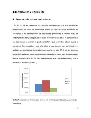 4. RESULTADOS Y DISCUSIÓN
4.1 Encuesta a docentes de matemáticas:
El 50 % de los docentes encuestados consideraron que sus estudiantes
presentaban un ritmo de aprendizaje medio, ya que no todos entendían los
conceptos y no desarrollaban las actividades propuestas al mismo nivel, sin
embargo todos son participativos en clase de matemáticas. El 33 % consideró que
sus estudiantes si asimilan lo que les enseñan y que su nivel es alto en cuanto al
manejo de los conceptos y que al evaluar a sus alumnos son participativos y
realizan sus actividades sin ningún inconveniente, el otro 17 % de los docentes
encuestados plantea que sus estudiantes mantienen un nivel bajo en matemáticas
porque se muestran apáticos, pero se lo atribuyen a problemas familiares y no a la
enseñanza en clase (Grafica1).
Grafica 1: Valoración del docente sobre cómo ha sido el ritmo de aprendizaje de sus alumnos de
matemáticas.
18
 