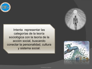 PERIODO 2009-II Intenta  representar las categorías de la teoría sociológica con la teoría de la acción social, buscando conectar la personalidad, cultura y sistema social. 