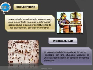 :.  PERIODO 2009-II REFLEXIVIDAD un enunciado trasmite cierta información y crea  un contexto para que la información aparezca. Es el carácter constituyente de las expresiones, describir es construir INDEXICALIDAD es la propiedad de las palabras de unir el concepto con una situación. Discurso es una actividad situada, el contexto construye el sentido. 