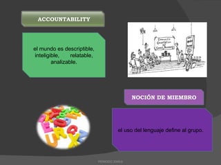 el mundo es descriptible, inteligible,  relatable, analizable. NOCIÓN DE MIEMBRO el uso del lenguaje define al grupo. PERIODO 2009-II ACCOUNTABILITY 