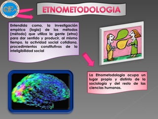 Entendida como, la investigación empírica (logia) de los métodos (método) que utiliza la gente (etno) para dar sentido y producir, al mismo tiempo, la actividad social cotidiana, procedimientos constitutivos de la inteligibilidad social La Etnometodologia ocupa un lugar propio y distinto de la sociología y del resto de las ciencias humanas. 