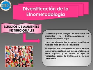 Diversificación de la Etnometodologia Garfinkel y sus colegas  se centraron  en ambientes no institucionalizados y corrientes como el hogar. como por ejemplo: los juzgados, las clínicas medicas y las oficinas de la policía Su objetivo era comprender el modo en que las personas realizan sus tareas oficiales en estos lugares y el modo en que al realizarlas, crean la institución a la que pertenecen. ESTUDIOS DE AMBIENTES INSTITUCIONALES 