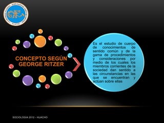 Es el estudio de cuerpo
                           de    conocimientos    de
                           sentido común y de la
                           gama de procedimientos
 CONCEPTO SEGÚN            y consideraciones por
                           medio de los cuales los
  GEORGE RITZER            miembros corrientes de la
                           sociedad dan sentido a
                           las circunstancias en las
                           que se encuentran y
                           actúan sobre ellas




SOCIOLOGIA 2012 - HUACHO
 