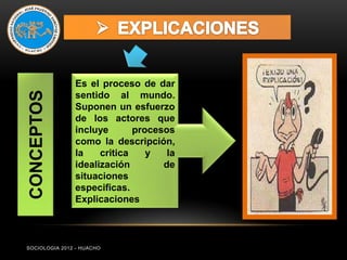 Es el proceso de dar
CONCEPTOS


               sentido al mundo.
               Suponen un esfuerzo
               de los actores que
               incluye       procesos
               como la descripción,
               la    critica    y   la
               idealización        de
               situaciones
               especificas.
               Explicaciones



SOCIOLOGIA 2012 - HUACHO
 