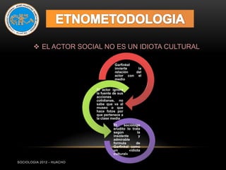  EL ACTOR SOCIAL NO ES UN IDIOTA CULTURAL

                                     Garfinkel
                                     invierte   la
                                     relación  del
                                     actor con el
                                     medio


                           El actor ignora
                           la fuente de sus
                           acciones
                           cotidianas, no
                           sabe que va al
                           museo o que
                           hace fotos por
                           que pertenece a
                           la clase media
                                     El    sociólogo
                                     erudito lo trata
                                     según           la
                                     insolente        y
                                     admirable
                                     formula        de
                                     Garfinkel como
                                     un        «idiota
                                     cultural»

SOCIOLOGIA 2012 - HUACHO
 