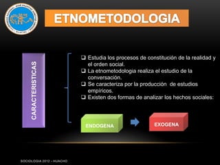  Estudia los procesos de constitución de la realidad y
     CARACTERISTICAS



                             el orden social.
                            La etnometodologia realiza el estudio de la
                             conversación.
                            Se caracteriza por la producción de estudios
                             empíricos.
                            Existen dos formas de analizar los hechos sociales:




                            ENDOGENA                    EXOGENA




SOCIOLOGIA 2012 - HUACHO
 