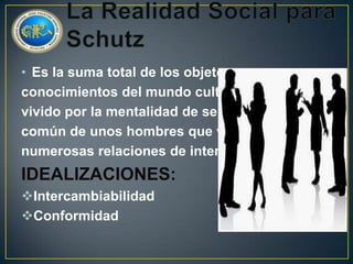 • Es la suma total de los objetos y
conocimientos del mundo cultural y social
vivido por la mentalidad de sentido
común de unos hombres que viven juntos
numerosas relaciones de interacción.

IDEALIZACIONES:
Intercambiabilidad
Conformidad

 