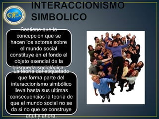 Sostiene que la
concepción que se
hacen los actores sobre
el mundo social
constituye en el fondo el
objeto esencial de la
búsqueda sociológica.
La teoría del etiquetado
que forma parte del
interaccionismo simbólico
lleva hasta sus ultimas
consecuencias la teoría de
que el mundo social no se
da si no que se construye
aquí y ahora.

 