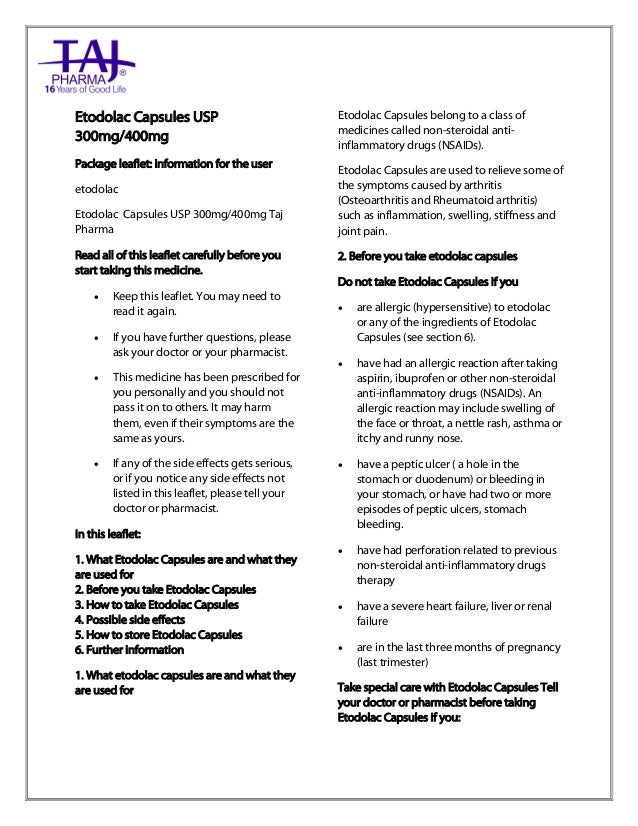 Etodolac Capsules Taj Pharma PIL