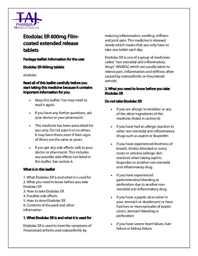 Etodolac ExtendedRelease Tablets 600mg USP Taj Pharma PIL