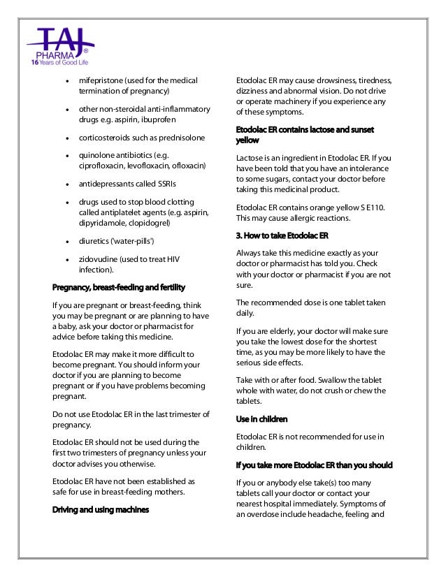 Etodolac ExtendedRelease Tablets 600mg USP Taj Pharma PIL