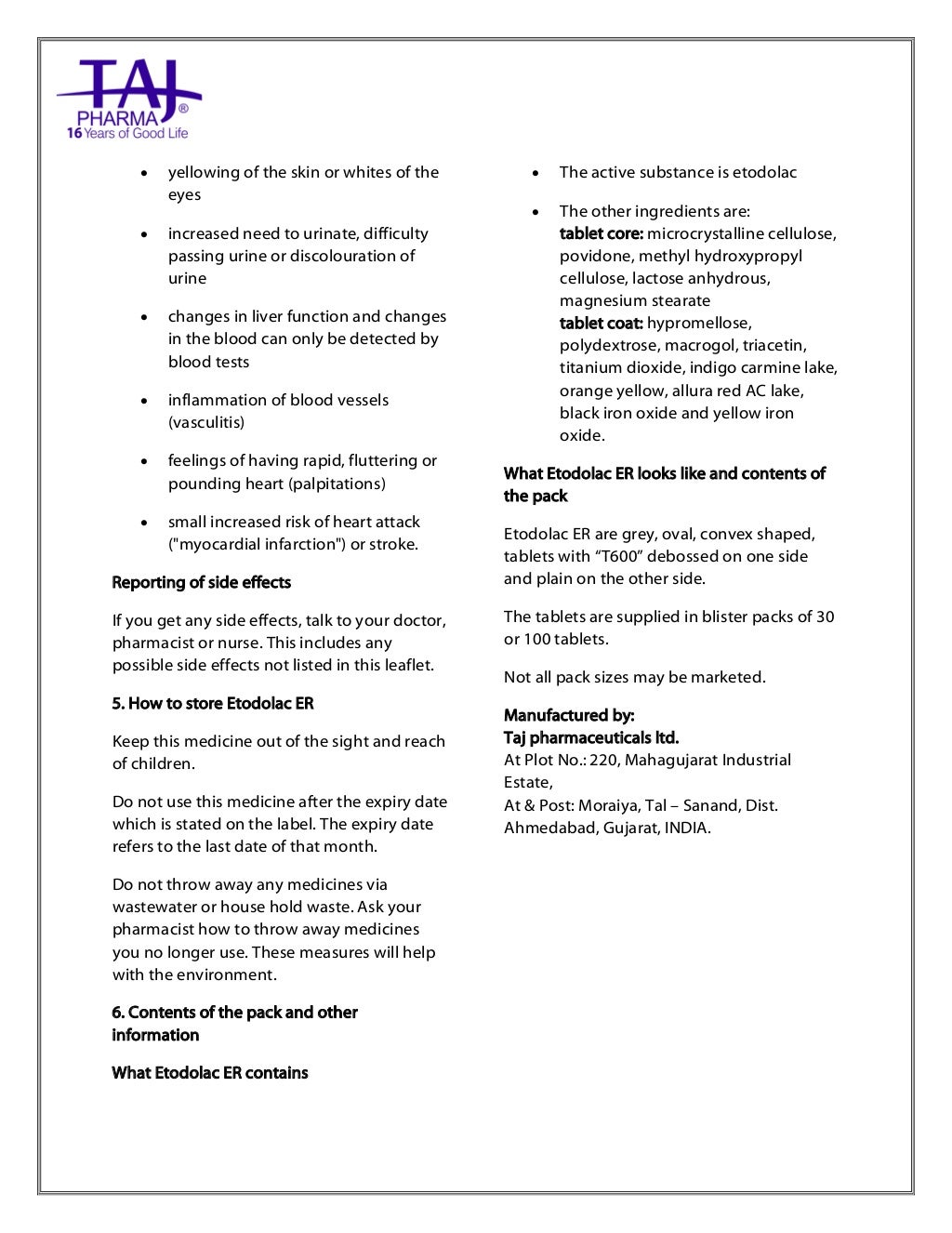 Etodolac ExtendedRelease Tablets 600mg USP Taj Pharma PIL