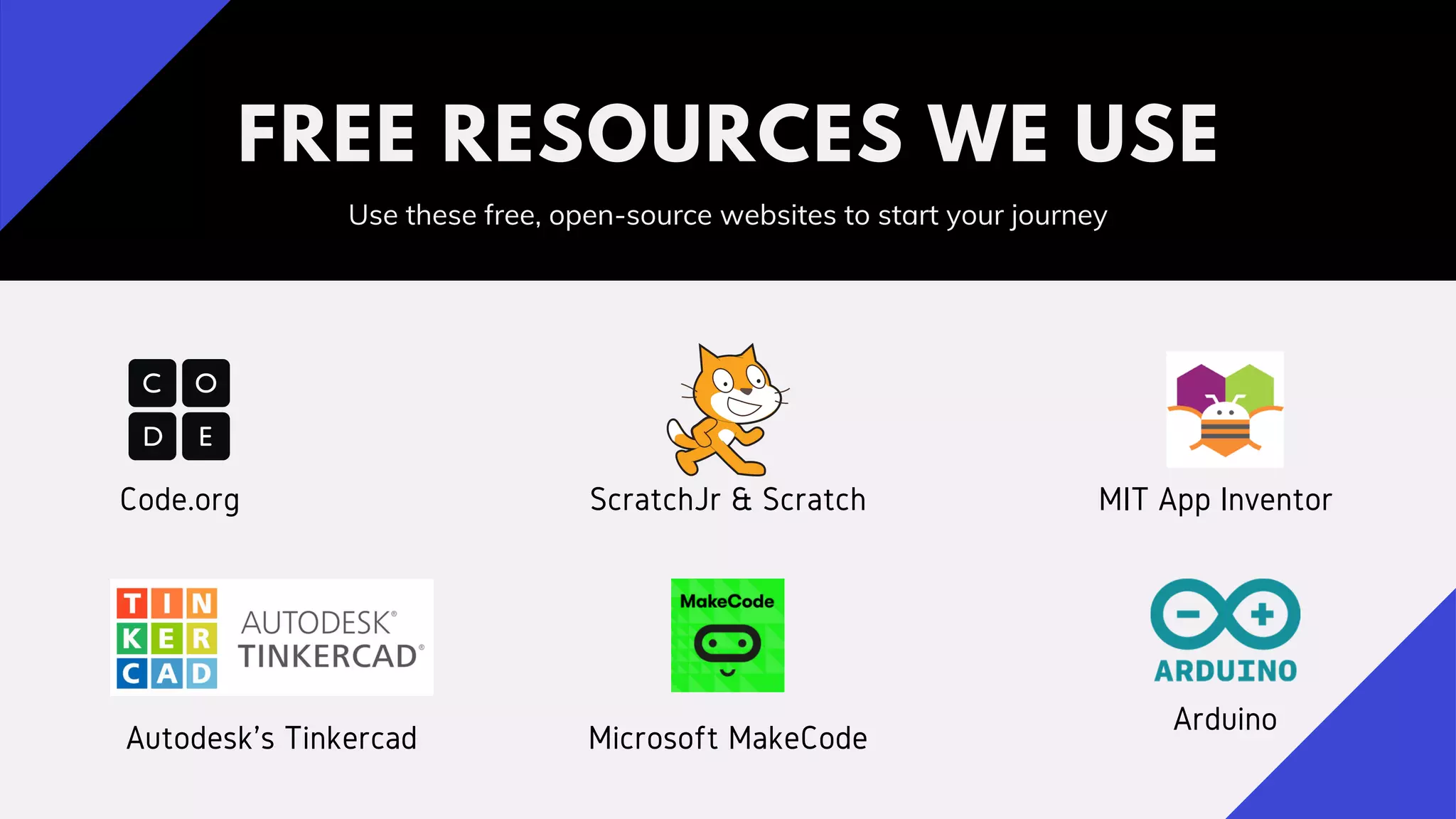 Use these free, open-source websites to start your journey
FREE RESOURCES WE USE
Code.org ScratchJr & Scratch MIT App Inventor
Arduino
Autodesk's Tinkercad Microsoft MakeCode
 