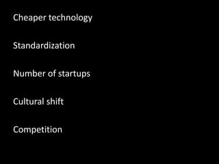Cheaper technologyStandardizationNumber of startupsCultural shiftCompetition