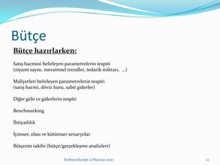 BütçeBütçe hazırlarken:Satış hacmini belirleyen parametrelerin tespiti(ziyaret sayısı, mevsimsel trendler, tedarik miktarı,  …)Maliyetleri belirleyen parametrelerin tespiti(satış hacmi, döviz kuru, sabit giderler)Diğer gelir ve giderlerin tespitiBenchmarkingİhtiyatlılıkİyimser, olası ve kötümser senaryolarBütçenin takibi (bütçe/gerçekleşme analizleri)Etohum Kampı 12 Haziran 201012