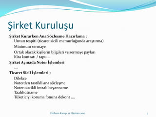 Şirket KuruluşuŞirket Kurarken Ana Sözleşme Hazırlama ; Unvan tespiti (ticaret sicili memurluğunda araştırma)	Minimum sermaye	Ortak olacak kişilerin bilgileri ve sermaye paylarıKira kontratı / tapu …Şirket Açmada Noter İşlemleri ….Ticaret Sicil İşlemleri ; 	Dilekçe Noterden tastikli ana sözleşme Noter tastikli imzalı beyanname Taahhütname Tüketiciyi koruma fonuna dekont ….Etohum Kampı 12 Haziran 20103