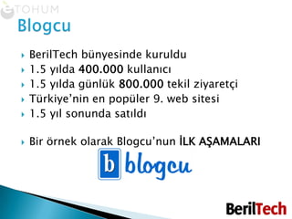 BerilTech bünyesinde kuruldu1.5 yılda 400.000 kullanıcı1.5 yılda günlük 800.000 tekil ziyaretçiTürkiye’nin en popüler 9. web sitesi1.5 yıl sonunda satıldıBir örnek olarak Blogcu’nun İLK AŞAMALARIBlogcu