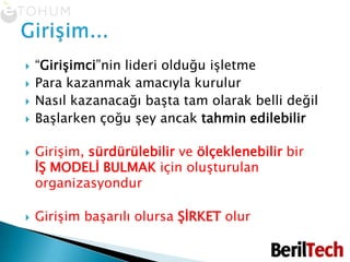 “Girişimci”nin lideri olduğu işletmePara kazanmak amacıyla kurulurNasıl kazanacağı başta tam olarak belli değilBaşlarken çoğu şey ancak tahmin edilebilirGirişim, sürdürülebilir ve ölçeklenebilir birİŞ MODELİ BULMAK için oluşturulan organizasyondurGirişim başarılı olursa ŞİRKET olurGirişim...