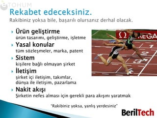 Rekabet edeceksiniz.Rakibiniz yoksa bile, başarılı olursanız derhal olacak. Ürün geliştirmeürün tasarımı, geliştirme, işletmeYasal konulartüm sözleşmeler, marka, patentSistemkişilere bağlı olmayan şirket İletişimşirket içi iletişim, takımlar,dünya ile iletişim, pazarlamaNakitakışıŞirketin nefes alması için gerekli para akışını yaratmak                            “Rakibiniz yoksa, yanlış yerdesiniz”