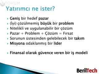 Geniş bir hedef pazar(İyi) çözülmemiş büyük bir problemNitelikli ve uygulanabilir bir çözümPazar + Problem + Çözüm = FırsatSorunun üstesinden gelebilecek bir takımMisyona odaklanmış bir liderFinansal olarak güvence veren bir iş modeliYatırımcı ne ister?