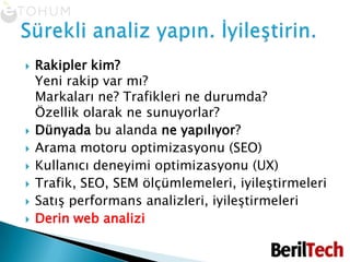 Rakipler kim? Yeni rakip var mı? Markaları ne? Trafikleri ne durumda?Özellik olarak ne sunuyorlar? Dünyada bu alanda ne yapılıyor?Arama motoru optimizasyonu (SEO)Kullanıcı deneyimi optimizasyonu (UX)Trafik, SEO, SEM ölçümlemeleri, iyileştirmeleriSatış performans analizleri, iyileştirmeleriDerin web analiziSürekli analiz yapın. İyileştirin.