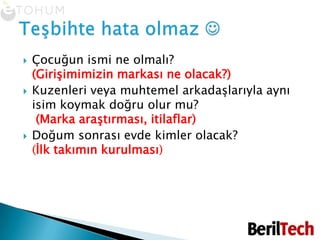 Çocuğun ismi ne olmalı? (Girişimimizin markası ne olacak?)Kuzenleri veya muhtemel arkadaşlarıyla aynı isim koymak doğru olur mu?(Marka araştırması, itilaflar)Doğum sonrası evde kimler olacak?(İlk takımın kurulması)Teşbihte hata olmaz 