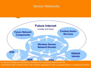 Sensor Networks
So without waiting for smartphone companies to incorporate features into the
smartphone itself, remote sensors with wireless signaling can open up opportunities in a spectacular fashion.
 