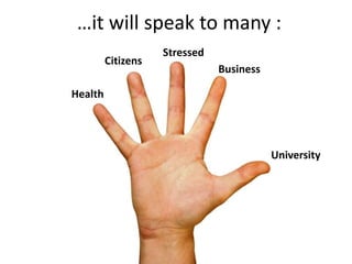 …it will speak to many :
                    Stressed
         Citizens
                               Business

Health




                                          University
 
