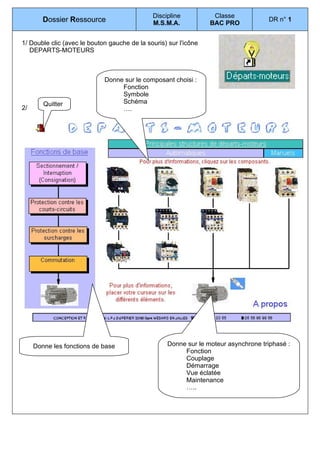 Discipline           Classe
        Dossier Ressource                     M.S.M.A.            BAC PRO
                                                                                     DR n° 1


1/ Double clic (avec le bouton gauche de la souris) sur l'icône
   DEPARTS-MOTEURS



                             Donne sur le composant choisi :
                                  Fonction
                                  Symbole
        Quitter                   Schéma
2/                                ….




     Donne les fonctions de base                    Donne sur le moteur asynchrone triphasé :
                                                         Fonction
                                                         Couplage
                                                         Démarrage
                                                         Vue éclatée
                                                         Maintenance
                                                         …..
 