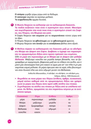 20
ΓΛΩΣΣΑ Δ’ ΔΗΜΟΤΙΚΟΥ
Ο σπάρος γυρίζει γύρω γύρω από το δόλωμα.
Η τσιπούρα τσιμπάει το αγκίστρι μαλακά.
Το κεφαλόπουλο ορμάει δυνατά.
4 Ο Φώτης λατρεύει το καλοκαίρι για τις καλοκαιρινές διακοπές.
Τα παιδιά συζητούν ποια είναι η αγαπημένη τους εποχή. Μαντέψτε
και συμπληρώστε στα κενά ποια είναι η αγαπημένη εποχή της Σοφί-
ας, του Πέτρου, της Μυρτώς και γιατί.
Η Σοφία λατρεύει τον χειμώνα για τις χειμωνιάτικες νύχτες γύρω από
το τζάκι.
Ο Πέτρος λατρεύει το φθινόπωρο για τα φθινοπωρινά φρούτα.
Η Μυρτώ λατρεύει την άνοιξη για τις ανοιξιάτικες βόλτες στην εξοχή.
5 Η Μελίνα πέρασε τις καλοκαιρινές της διακοπές μαζί με τις αδελφές
της Μοίρα και Δάφνη στη Σίφνο. Διαβάστε τι έγραψε και παρατηρή-
στε τις χρωματισμένες λέξεις στην πρώτη πρόταση του κειμένου.
Όλη τη μέρα την περνούσαμε με τη Μοίρα και τη Δάφνη στη γαλάζια
θάλασσα. Μαζεύαμε κοχύλια και μεγάλα άσπρα βότσαλα, που τα ζω-
γραφίζαμε με νερομπογιές, βάφοντας μαζί και τις πλάκες της αυλής, και η
μόνη μας στενοχώρια ήταν μην καούν οι ώμοι μας απ’ τον ήλιο ή μη μας
τσιμπήσει καμιά μέλισσα. Οι μέρες έφευγαν σαν το νερό, όλες βουτηγμέ-
νες στον δυνατό ήλιο και στην αλμυρή γεύση της θάλασσας.
Ανθούλα Αθανασιάδου, Η αδελφή, της αδελφής, της αδελφής μου,
Κέδρος, Αθήνα, 1999 (διασκευή)
• Θυμηθείτε σε ποιο μέρος του λόγου (επίθετο, άρθρο, ουσιαστικό,
ρήμα) ανήκει καθεμιά από τις χρωματισμένες λέξεις και γράψτε
αυτό το μέρος του λόγου στην αρχή κάθε στήλης του πίνακα.
• Συμπληρώστε τις στήλες του πίνακα με λέξεις από το υπόλοιπο κεί-
μενο. Αν θέλετε, χρωματίστε τες στο παραπάνω κείμενο με το αντί-
στοιχο χρώμα.
Ουσιαστικό Ρήμα Επίθετο Άρθρο
μέρα περνούσαμε γαλάζια τη
Μοίρα μαζεύαμε μεγάλα τις
Δάφνη ζωγραφίζαμε άσπρα της
θάλασσα ήταν αλμυρή η
κοχύλια καούν οι
ΑΝΑΜΝΗΣΕΙΣ ΤΟΥ ΚΑΛΟΚΑΙΡΙΟΥΑΝΑΜΝΗΣΕΙΣ ΤΟΥ ΚΑΛΟΚΑΙΡΙΟΥ
 
