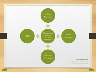 Factores que
influyen
en una
conducta
Sistema
Nervioso
Medio
Ambiente
Sistema
Endocrino
ADN
Información extra:
Causas que influyen en la
conducta de un animal.pdf
 