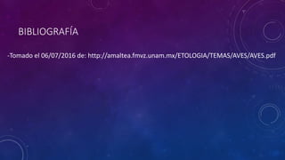 BIBLIOGRAFÍA
-Tomado el 06/07/2016 de: http://amaltea.fmvz.unam.mx/ETOLOGIA/TEMAS/AVES/AVES.pdf
 