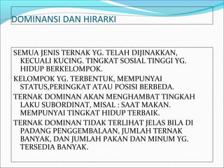 DOMINANSI DAN HIRARKI


SEMUA JENIS TERNAK YG. TELAH DIJINAKKAN,
  KECUALI KUCING. TINGKAT SOSIAL TINGGI YG.
  HIDUP BERKELOMPOK.
KELOMPOK YG. TERBENTUK, MEMPUNYAI
  STATUS,PERINGKAT ATAU POSISI BERBEDA.
TERNAK DOMINAN AKAN MENGHAMBAT TINGKAH
  LAKU SUBORDINAT, MISAL : SAAT MAKAN.
  MEMPUNYAI TINGKAT HIDUP TERBAIK.
TERNAK DOMINAN TIDAK TERLIHAT JELAS BILA DI
  PADANG PENGGEMBALAAN, JUMLAH TERNAK
  BANYAK, DAN JUMLAH PAKAN DAN MINUM YG.
  TERSEDIA BANYAK.
 