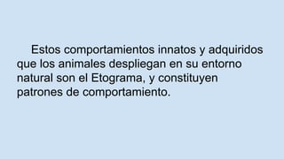 Estos comportamientos innatos y adquiridos 
que los animales despliegan en su entorno 
natural son el Etograma, y constituyen 
patrones de comportamiento. 
 