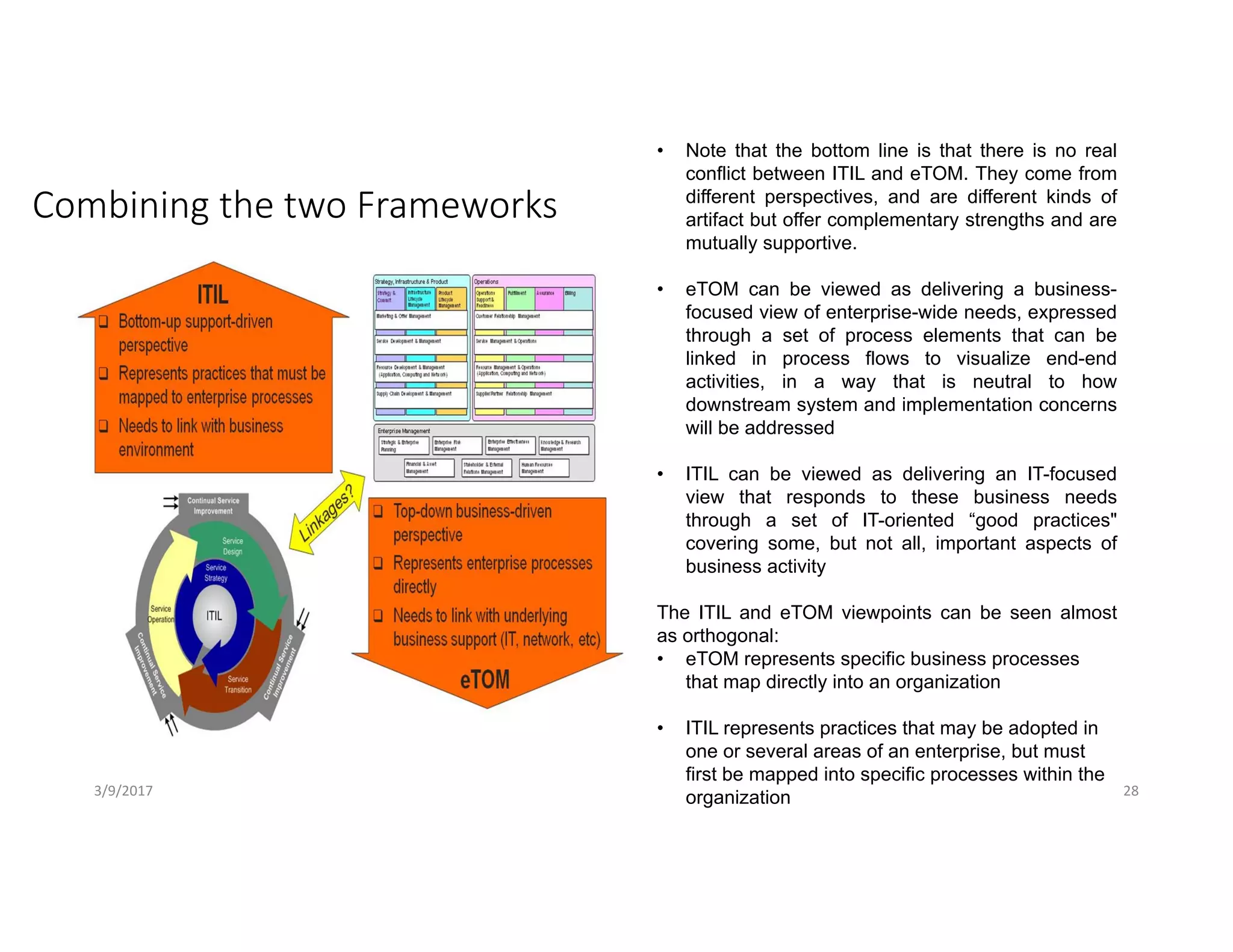 Combining the two Frameworks
• Note that the bottom line is that there is no real
conflict between ITIL and eTOM. They come from
different perspectives, and are different kinds of
artifact but offer complementary strengths and are
mutually supportive.
• eTOM can be viewed as delivering a business-
focused view of enterprise-wide needs, expressed
through a set of process elements that can be
linked in process flows to visualize end-end
activities, in a way that is neutral to how
downstream system and implementation concerns
will be addressed
• ITIL can be viewed as delivering an IT-focused
view that responds to these business needs
through a set of IT-oriented “good practices"
covering some, but not all, important aspects of
business activity
The ITIL and eTOM viewpoints can be seen almost
as orthogonal:
• eTOM represents specific business processes
that map directly into an organization
• ITIL represents practices that may be adopted in
one or several areas of an enterprise, but must
first be mapped into specific processes within the
organization3/9/2017 28
 