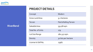 21
RiverBend
PROJECT DETAILS
Concept Modern
Gross LandArea 9.1 hectares
Terrain Flat & RollingTerrain
SaleableArea 59,078 sqm.
Total No. of Units 279
Lot Size Range 180-327 sqm.
Density 30 lots per hectare
License to Sell No. 23967
 
