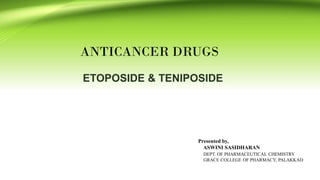 ANTICANCER DRUGS
ETOPOSIDE & TENIPOSIDE
Presented by,
ASWINI SASIDHARAN
DEPT. OF PHARMACEUTICAL CHEMISTRY
GRACE COLLEGE OF PHARMACY, PALAKKAD
 