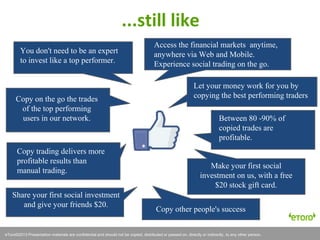 eToro©2011 Presentation materials are confidential and should not be copied, distributed or passed on, directly or indirectly, to any other person.
You don't need to be an expert
to invest like a top performer.
eToro©2013 Presentation materials are confidential and should not be copied, distributed or passed on, directly or indirectly, to any other person.
...still like
Between 80 -90% of
copied trades are
profitable.
Copy trading delivers more
profitable results than
manual trading.
Make your first social
investment on us, with a free
$20 stock gift card.
Copy on the go the trades
of the top performing
users in our network.
Access the financial markets anytime,
anywhere via Web and Mobile.
Experience social trading on the go.
Share your first social investment
and give your friends $20.
Copy other people's success
Let your money work for you by
copying the best performing traders
 