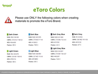 eToro©2011 Presentation materials are confidential and should not be copied, distributed or passed on, directly or indirectly, to any other person.
eToro Colors
eToro©2013 Presentation materials are confidential and should not be copied, distributed or passed on, directly or indirectly, to any other person.
Please use ONLY the following colors when creating
materials to promote the eToro Brand.
 