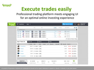 eToro©2011 Presentation materials are confidential and should not be copied, distributed or passed on, directly or indirectly, to any other person.
Execute trades easily
eToro©2013 Presentation materials are confidential and should not be copied, distributed or passed on, directly or indirectly, to any other person.
Professional trading platform meets engaging UI
for an optimal online investing experience
 