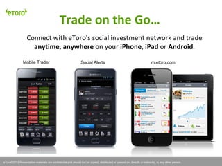 eToro©2011 Presentation materials are confidential and should not be copied, distributed or passed on, directly or indirectly, to any other person.
Connect with eToro's social investment network and trade
anytime, anywhere on your iPhone, iPad or Android.
Trade on the Go…
eToro©2013 Presentation materials are confidential and should not be copied, distributed or passed on, directly or indirectly, to any other person.
Mobile Trader Social Alerts m.etoro.com
 