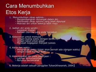 Cara Menumbuhkan
Etos Kerja
1. Menumbuhkan sikap optimis :
- Mengembangkan semangat dalam diri
- Peliharalah sikap optimis yang telah dipunyai
- Motivasi diri untuk bekerja lebih maju
2. Jadilah diri anda sendiri :
- Lepaskan impian
- Raihlah cita-cita yang anda harapkan
3. Keberanian untuk memulai :
- Jangan buang waktu dengan bermimpi
- Jangan takut untuk gagal
- Merubah kegagalan menjadi sukses
4. Kerja dan waktu :
- Menghargai waktu (tidak akan pernah ada ulangan waktu)
- Jangan cepat merasa puas
5. Kosentrasikan diri pada pekerjaan :
- Latihan berkonsentrasi
- Perlunya beristirahat
6. Bekerja adalah sebuah panggilan Tuhan(Khasanah, 2004)
 