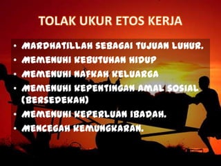 • Mardhatillah sebagai tujuan luhur.
• Memenuhi kebutuhan hidup
• Memenuhi nafkah keluarga
• Memenuhi kepentingan amal sosial
(bersedekah)
• Memenuhi keperluan ibadah.
• Mencegah kemungkaran.
 