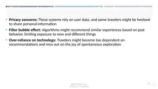 Challenges of Intelligent Assistance and Online Recommending
• Privacy concerns: These systems rely on user data, and some travelers might be hesitant
to share personal information
• Filter bubble effect: Algorithms might recommend similar experiences based on past
behavior, limiting exposure to new and different things
• Over-reliance on technology: Travelers might become too dependent on
recommendations and miss out on the joy of spontaneous exploration
BEST FOR You
O R G A N I C S C O M P A N Y
23
 