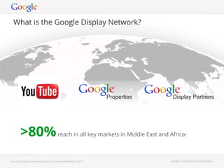Google Con!dential and Proprietary 
What is the Google Display Network? 
Source: Google Internal Analysis & ComScore KeyMetrics 2012 
Properties Display Partners 
>80% reach in all key markets in Middle East and Africa* 
 