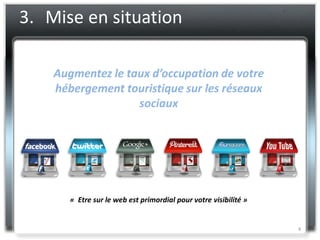 3. Mise en situation

    Augmentez le taux d’occupation de votre
    hébergement touristique sur les réseaux
                   sociaux




       « Etre sur le web est primordial pour votre visibilité »


                                                                  4
 
