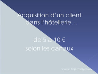Acquisition d’un client
  dans l’hôtellerie…

     de 5 à 10 €
  selon les canaux


               Source: http://bit.ly/3iwevJ
 