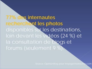 77% des internautes
recherchent les photos
disponibles sur les destinations,
loin devant les vidéos (24 %) et
la consultation de blogs et
forums (seulement 9 %).

            Source: OpinionWay pour Voyagermoinscher.com
 